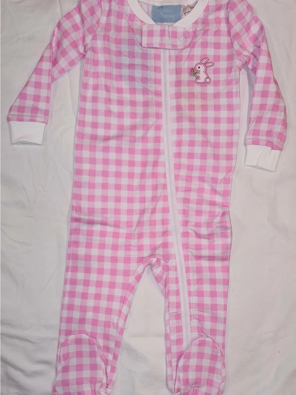 Classic Whimsy pink check footed sleeper with Bunny applique sz 12 mo NWT